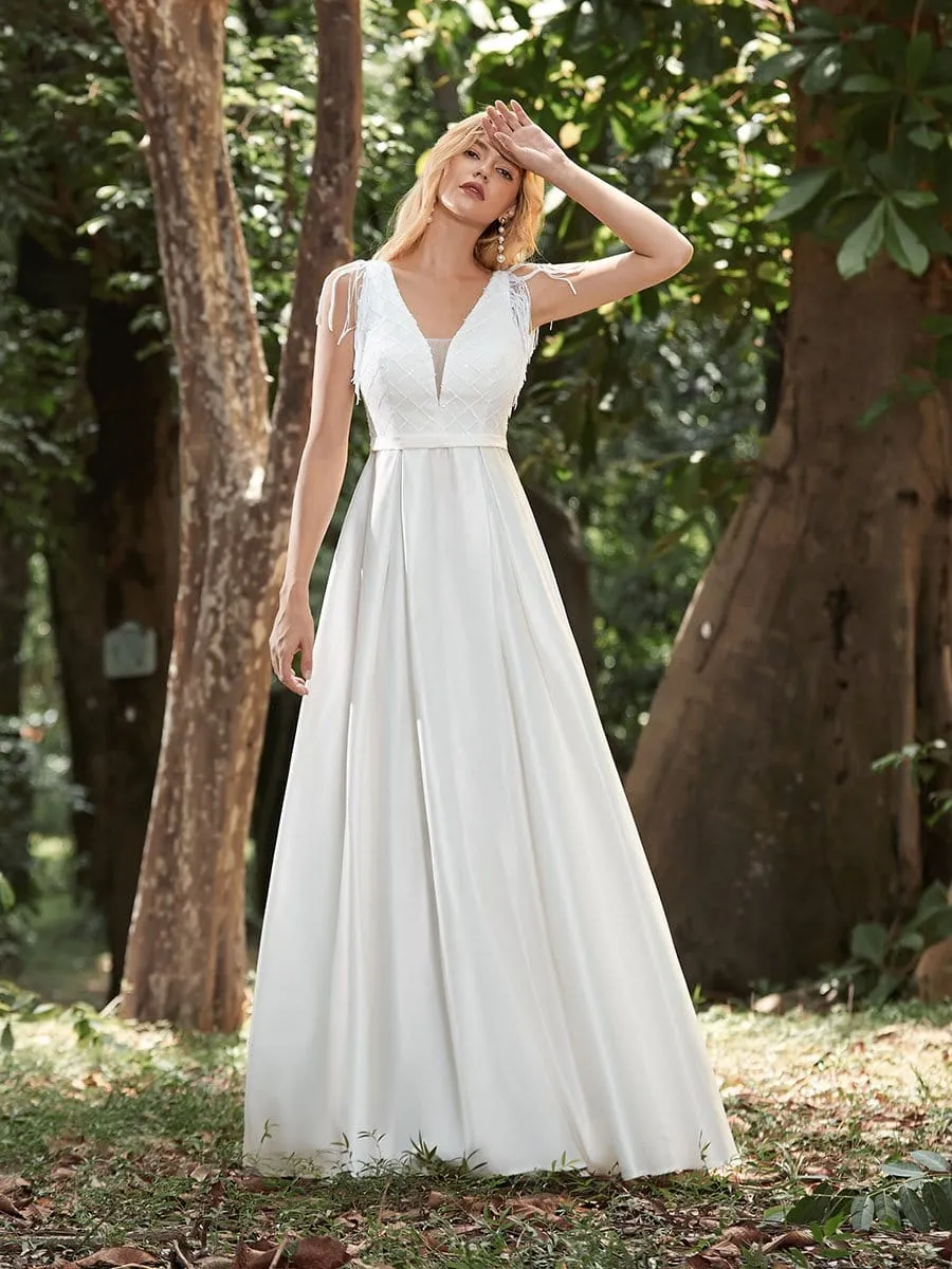 Adorable A-Line Satin Wedding Dress with Deep V Neck