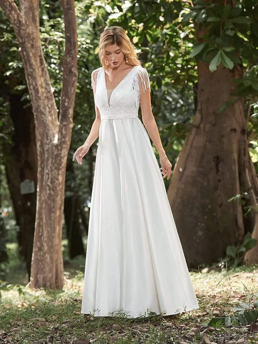 Adorable A-Line Satin Wedding Dress with Deep V Neck