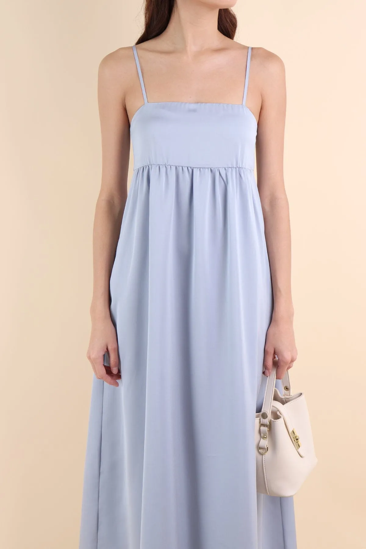 BELLA BABYDOLL SATIN MAXI DRESS IN SEA BLUE