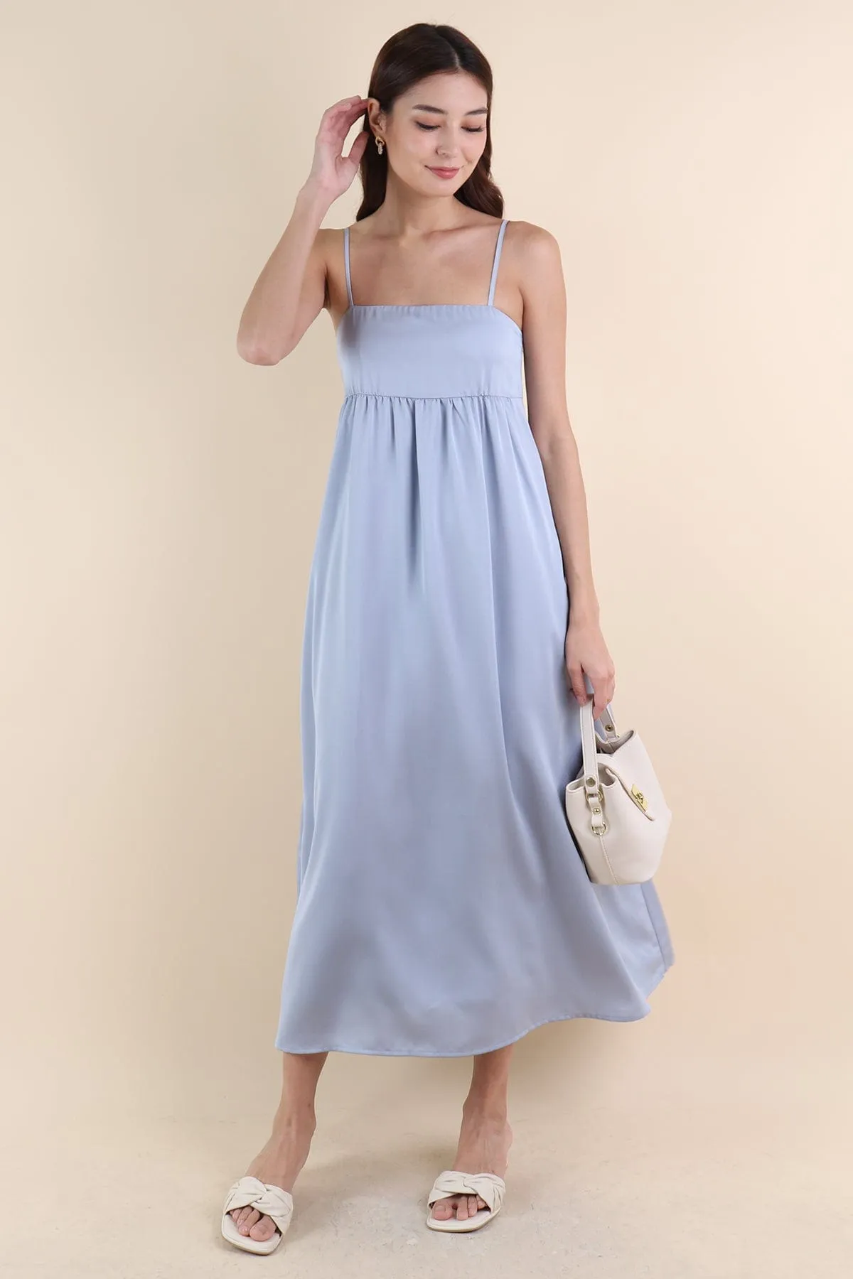 BELLA BABYDOLL SATIN MAXI DRESS IN SEA BLUE