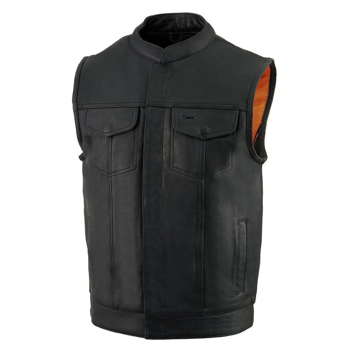 BLACK MLM3510 Men's Black Naked Leather Club Style Vest - Dual Closure Open Neck Motorcycle Rider Vest