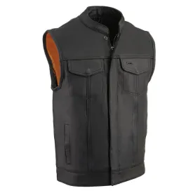 BLACK MLM3510 Men's Black Naked Leather Club Style Vest - Dual Closure Open Neck Motorcycle Rider Vest