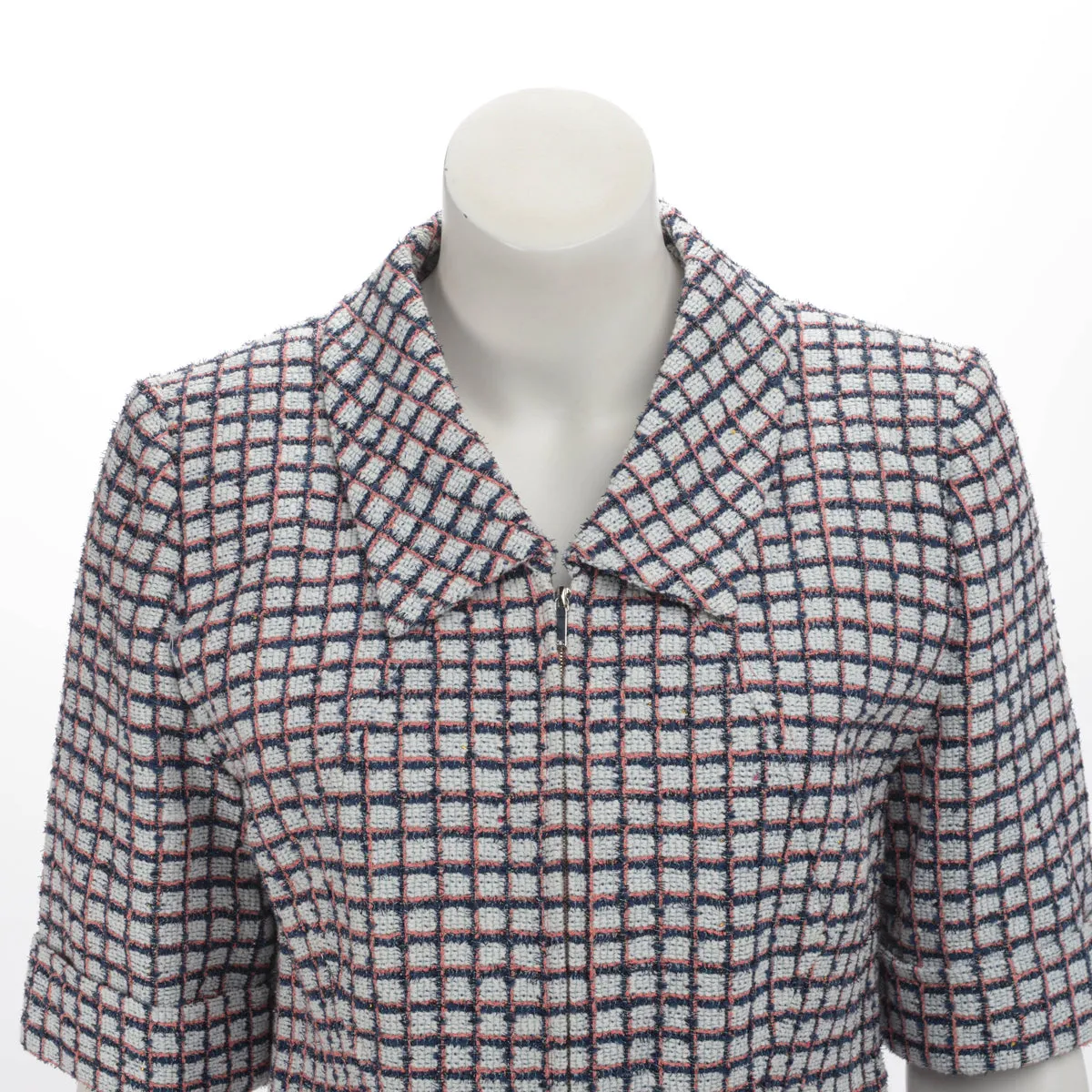 Chanel Pink & Blue Check Tweed Short Sleeve Jacket FR 40