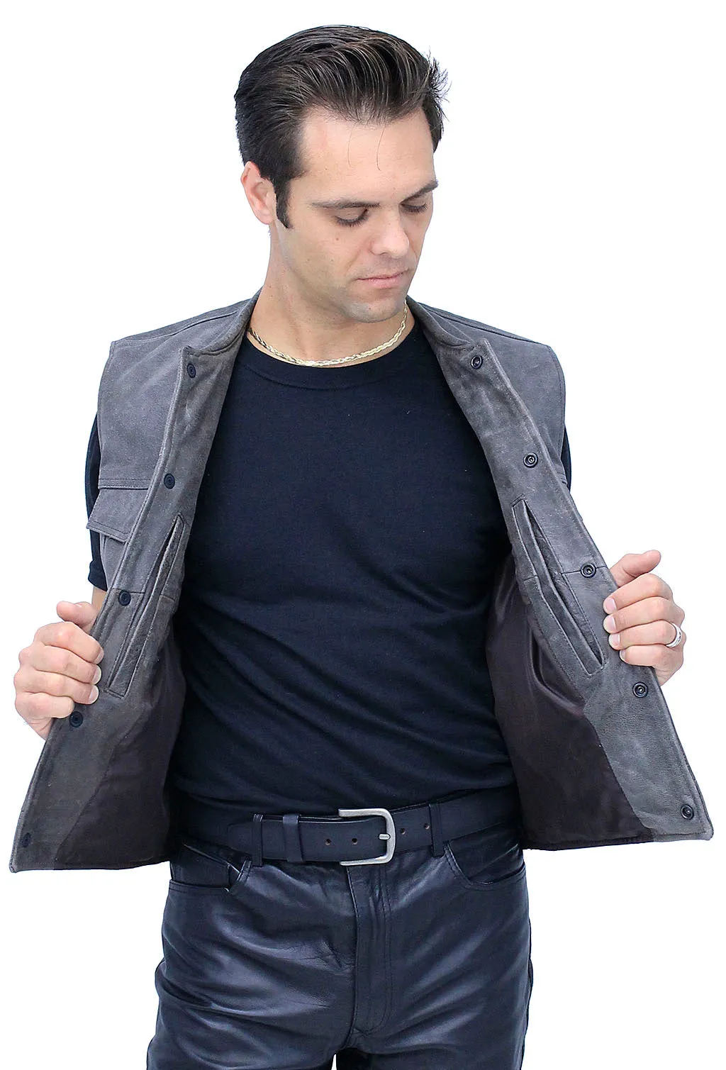 Distressed Leather Club Vest w/Concealed Pockets #VM1016N ()