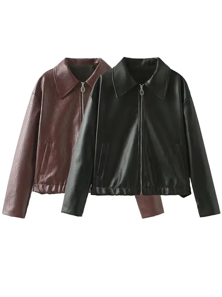 Girlary 2024 Spring Faux Leather Cropped Jackets Fashion Solid Lapel Long Sleeves Coats Pockets Zipper Female Casual Jackets