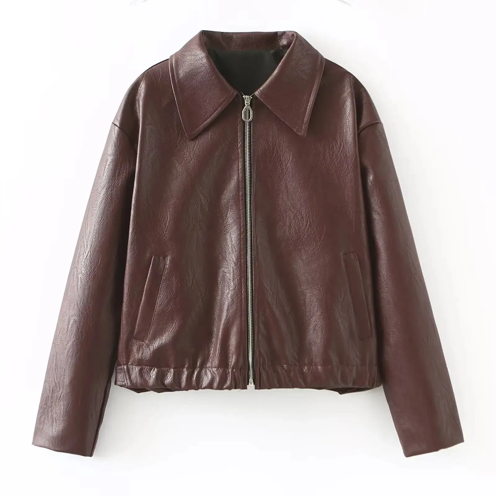 Girlary 2024 Spring Faux Leather Cropped Jackets Fashion Solid Lapel Long Sleeves Coats Pockets Zipper Female Casual Jackets