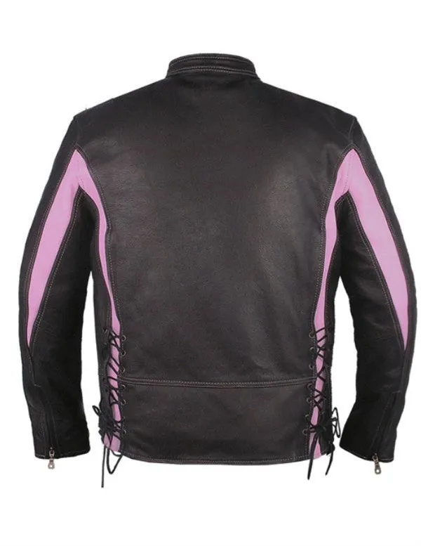 Ladies Black & Pink Leather Racer Jacket Side Laces & Zip Out Lining