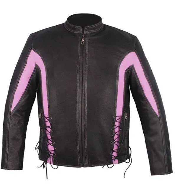 Ladies Black & Pink Leather Racer Jacket Side Laces & Zip Out Lining