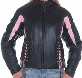 Ladies Black & Pink Leather Racer Jacket Side Laces & Zip Out Lining