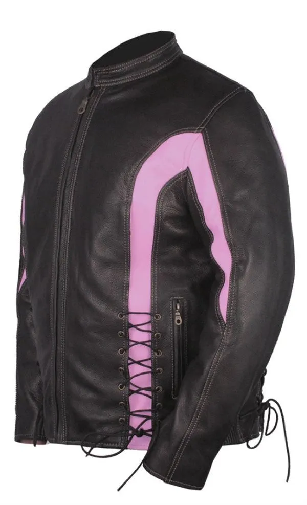 Ladies Black & Pink Leather Racer Jacket Side Laces & Zip Out Lining