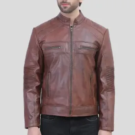 Mens Tall Perforated Cognac Waxed Cafe Racer Leather Jacket