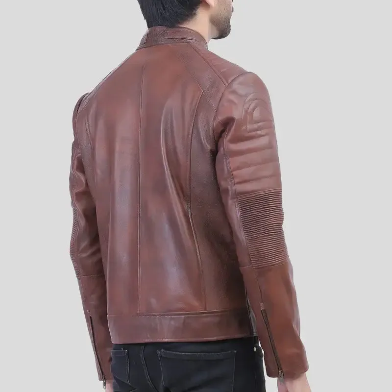 Mens Tall Perforated Cognac Waxed Cafe Racer Leather Jacket