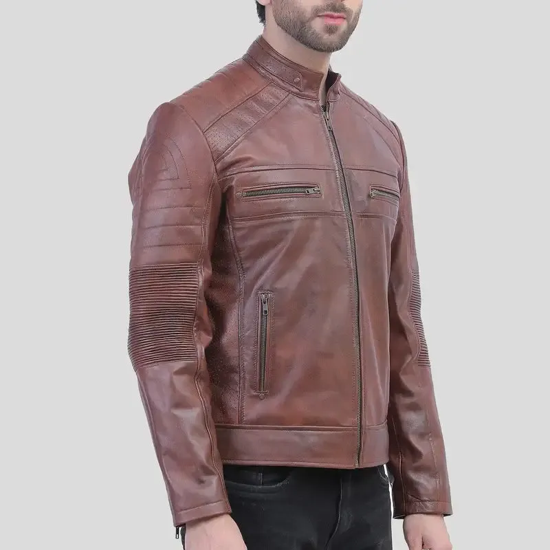 Mens Tall Perforated Cognac Waxed Cafe Racer Leather Jacket