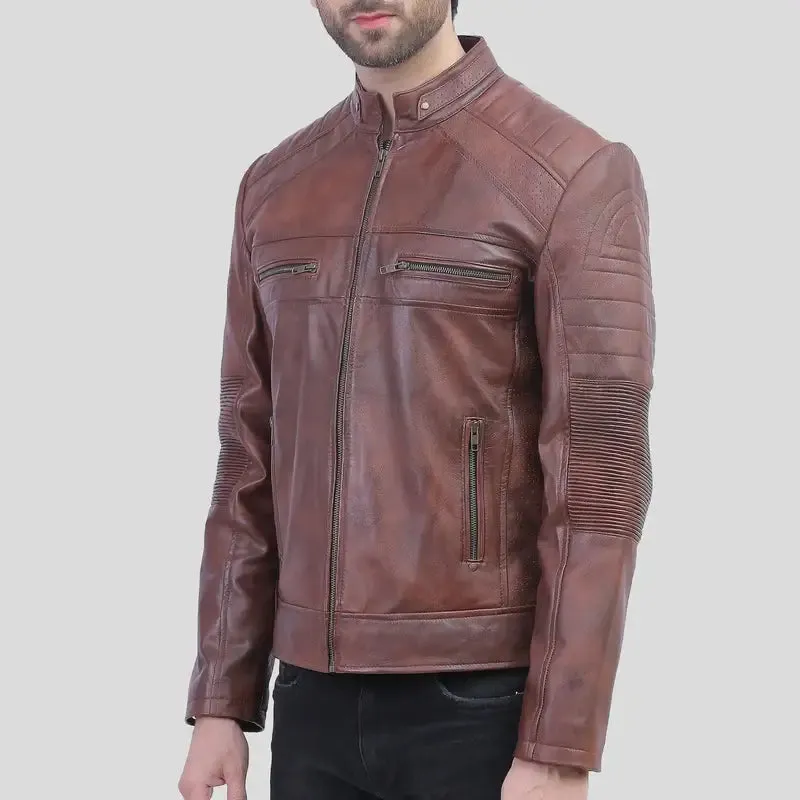 Mens Tall Perforated Cognac Waxed Cafe Racer Leather Jacket