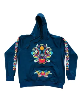 Mexican Floral Embroidered Hoodie Navy