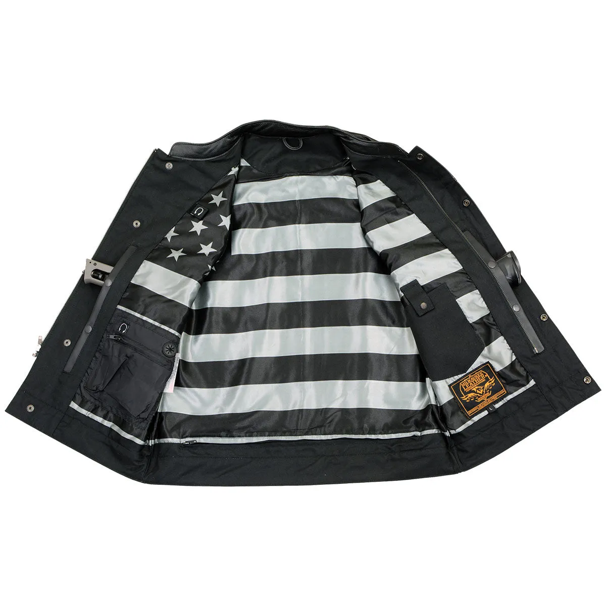 Milwaukee Leather MLM3507 Men's Old Glory Black Premium Leather Club Style Vest w/ Grey Stitching Laced Armholes