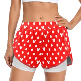 Red With White Mickey Polka Dots Women's Sports Shorts With Compression Liner