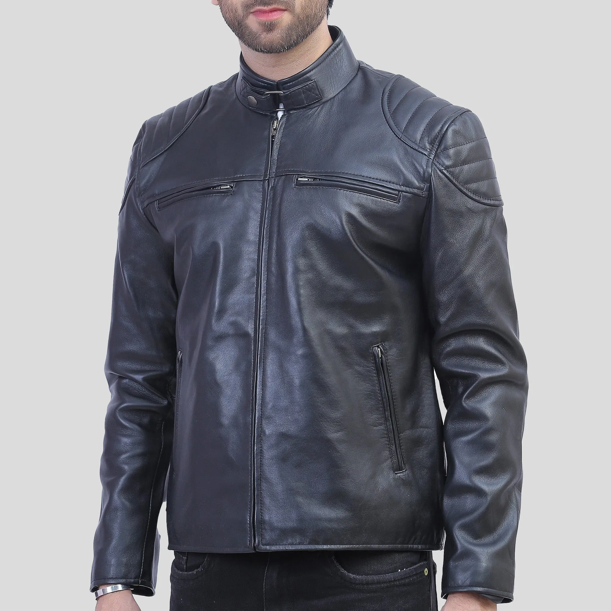 Vermont Black Leather Cafe Racer Jacket